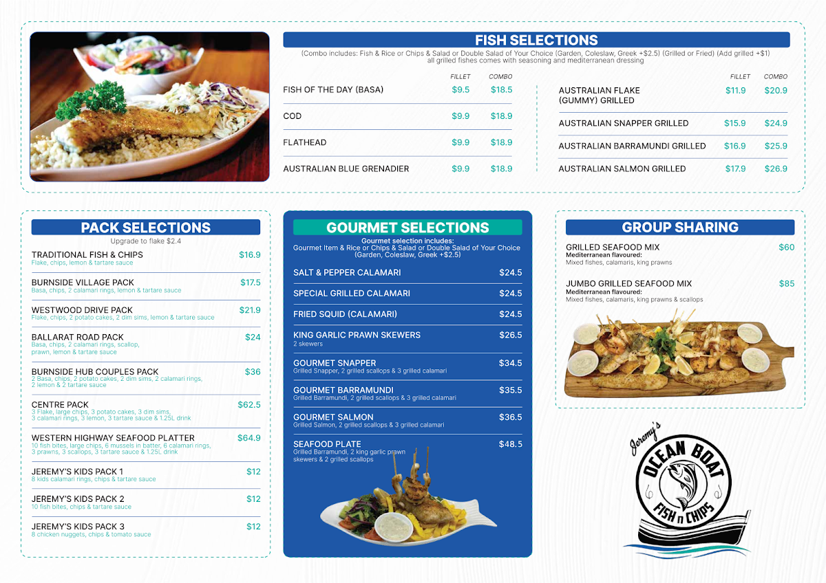 Menu, Burnside Hub Jeremy's Ocean Boat Fish n' Chips