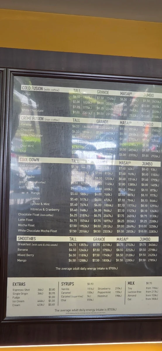Menu, Zarraffa's Coffee Toowoomba North