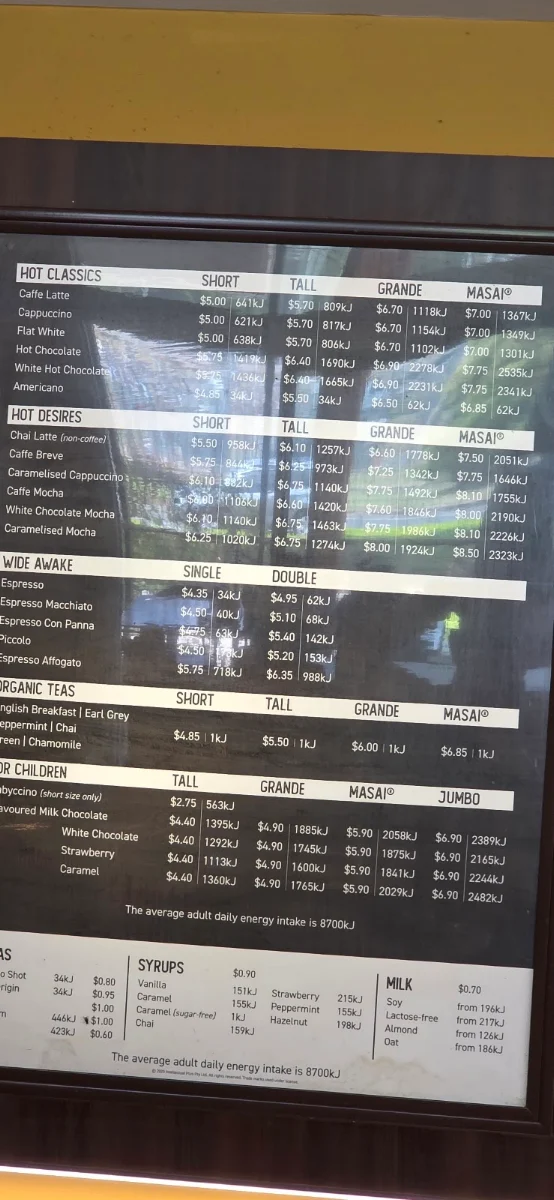 Menu, Zarraffa's Coffee Toowoomba North