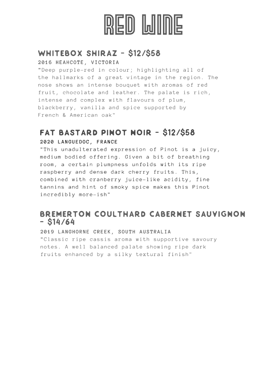 Menu, Barpiccolo