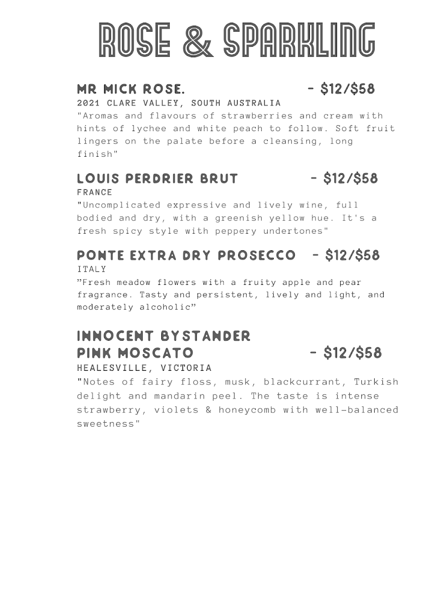 Menu, Barpiccolo