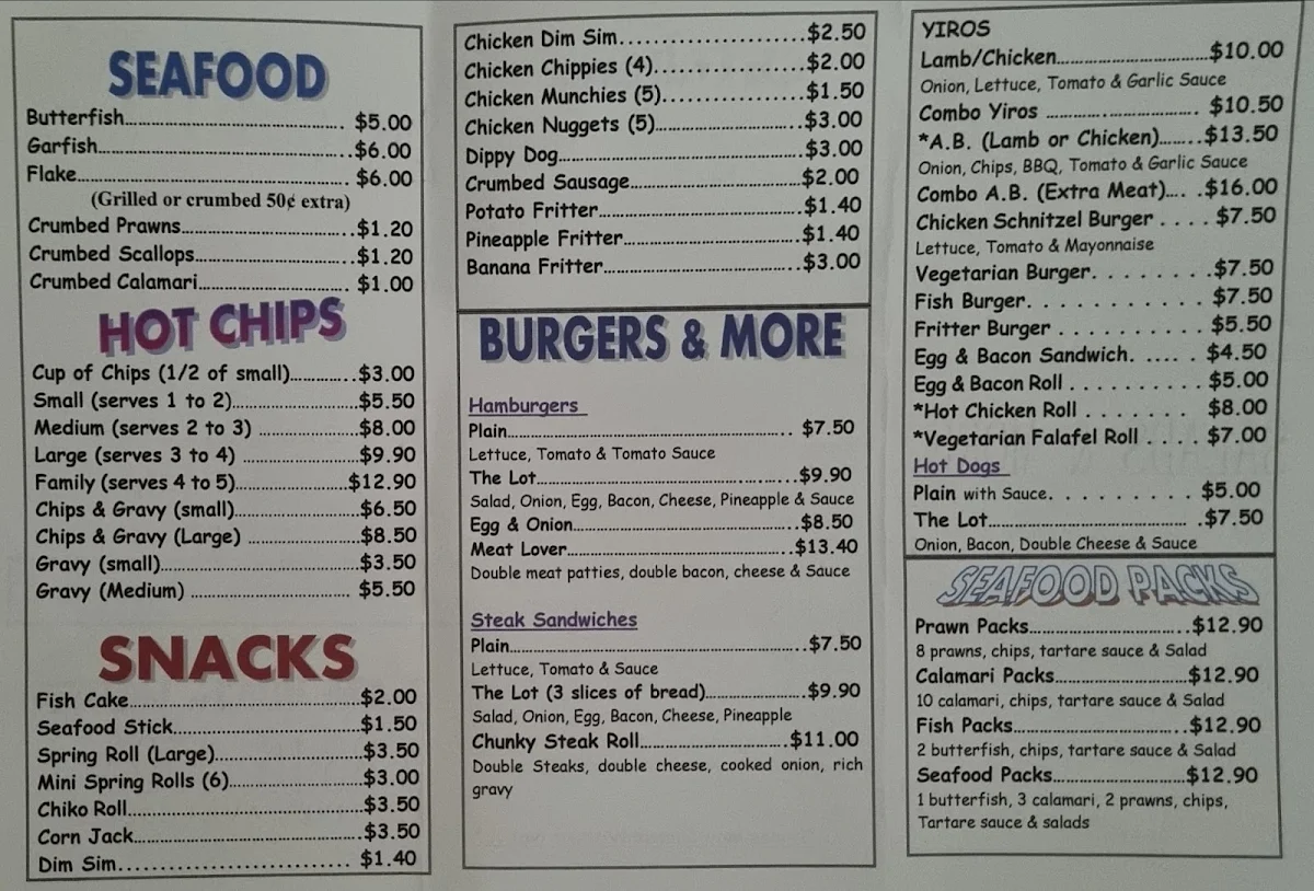Menu, Jack's Challa Fish Shop