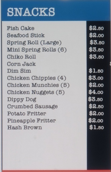Menu, Jack's Challa Fish Shop