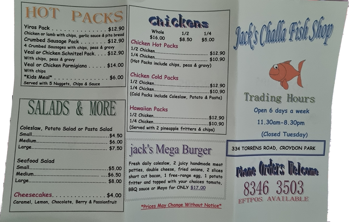Menu, Jack's Challa Fish Shop