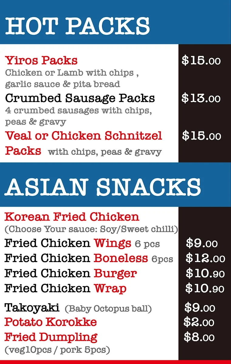 Menu, Jack's Challa Fish Shop