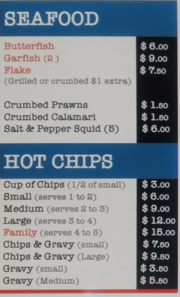 Menu, Jack's Challa Fish Shop