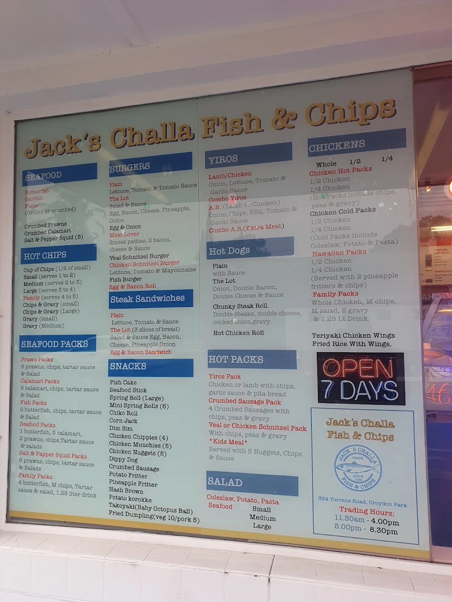 Menu, Jack's Challa Fish Shop