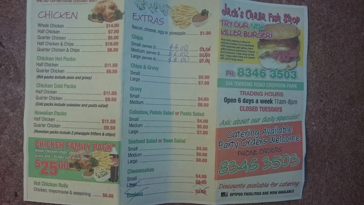 Menu, Jack's Challa Fish Shop