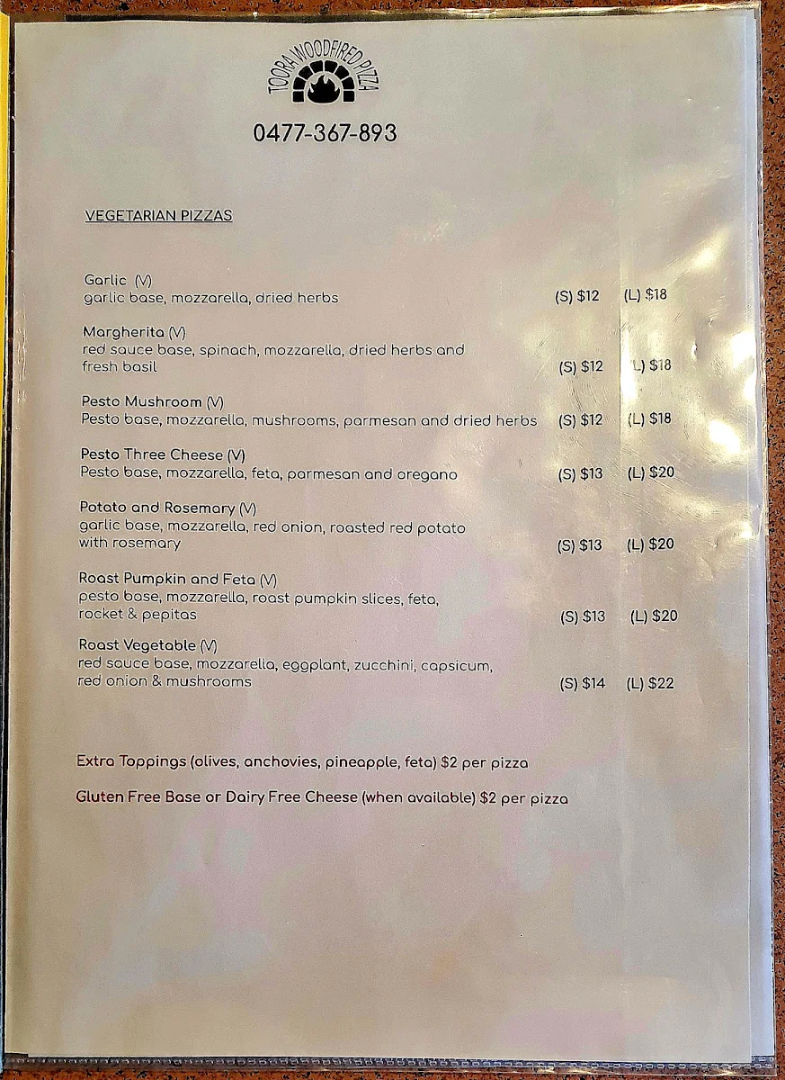 Menu, Toora Woodfired Pizza