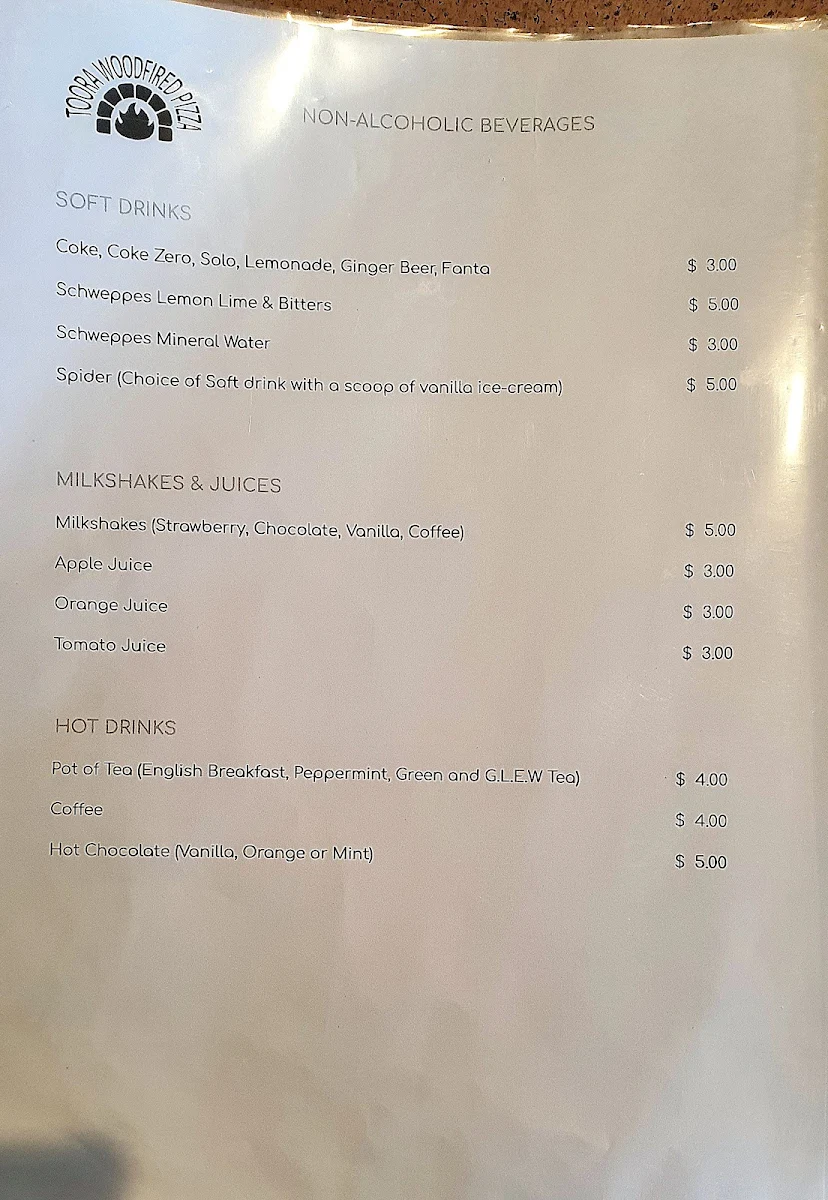 Menu, Toora Woodfired Pizza