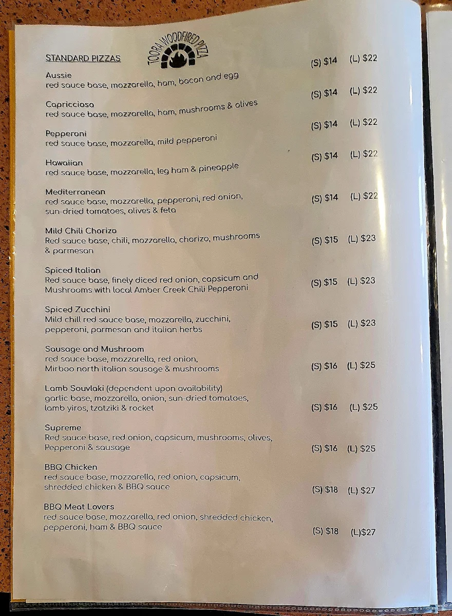 Menu, Toora Woodfired Pizza