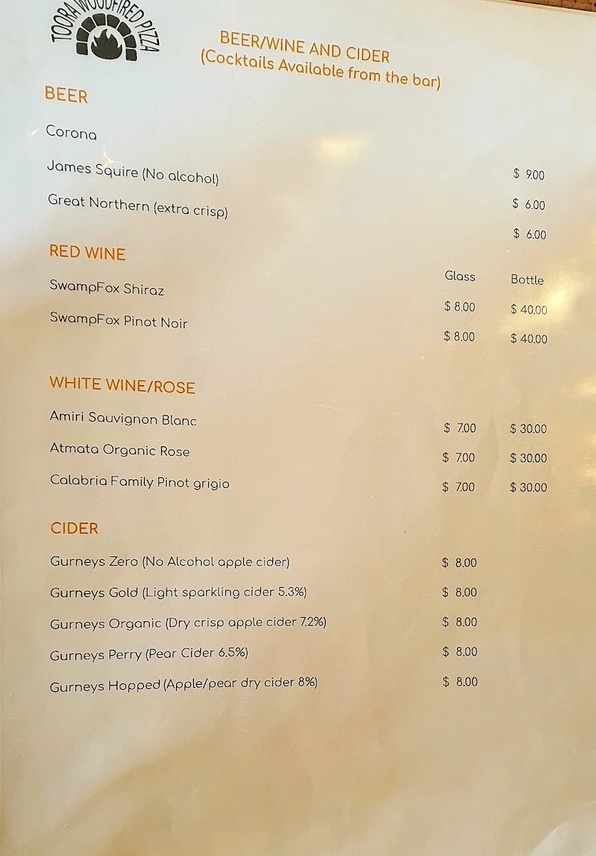 Menu, Toora Woodfired Pizza