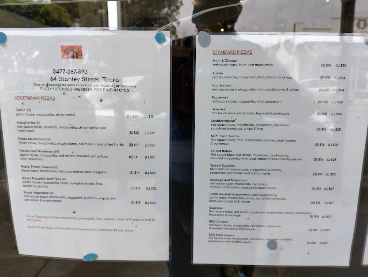 Menu, Toora Woodfired Pizza