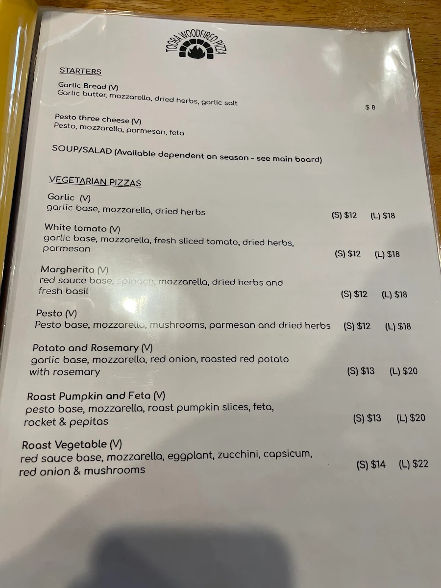 Menu, Toora Woodfired Pizza