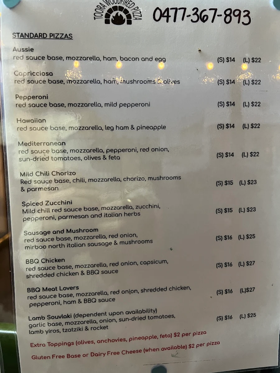 Menu, Toora Woodfired Pizza