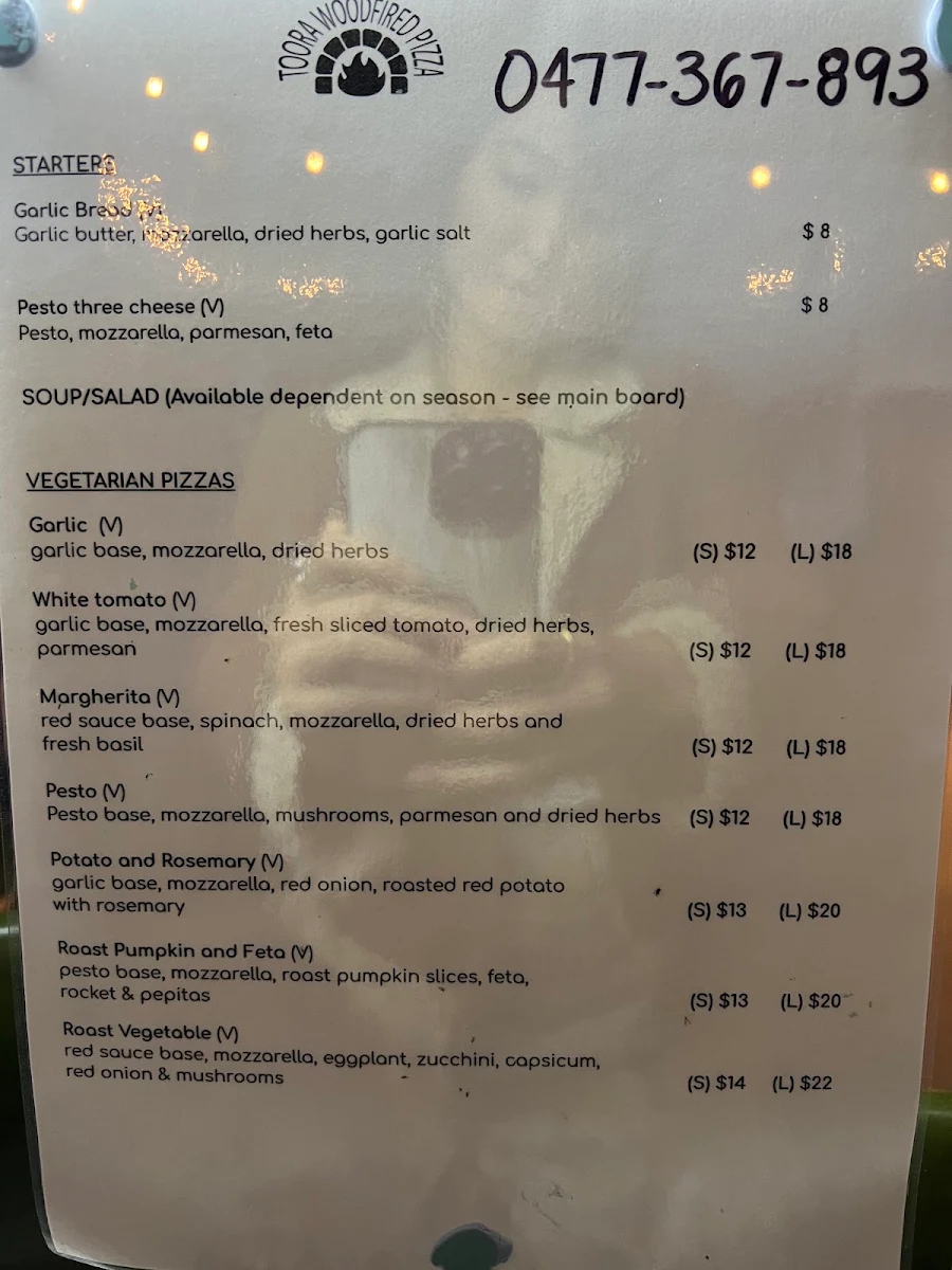 Menu, Toora Woodfired Pizza