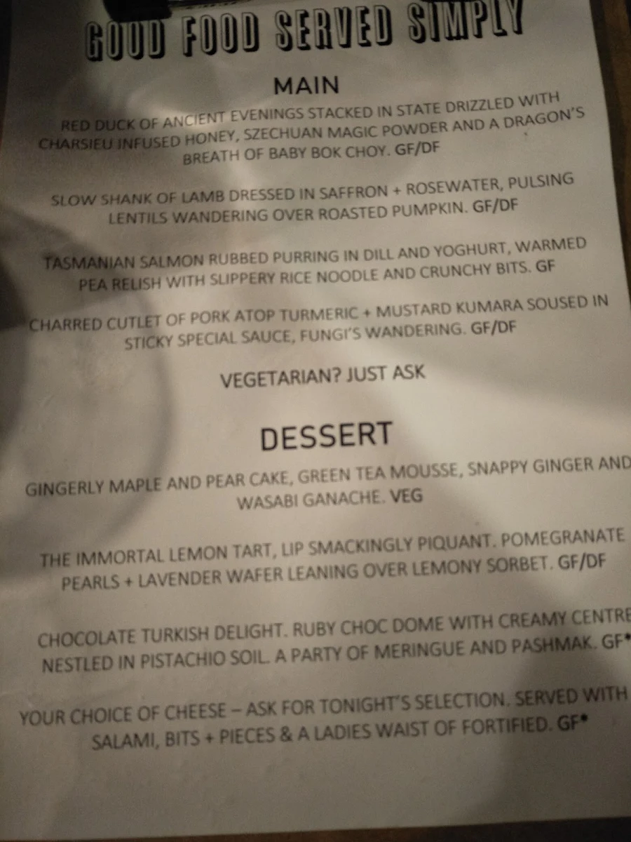 Menu, Magpies Nest Restaurant