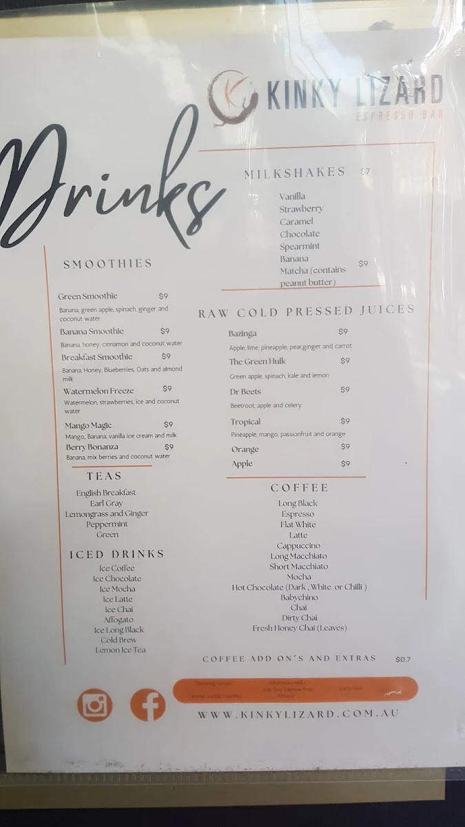 Menu, Kinky Lizard Cafe on Hay