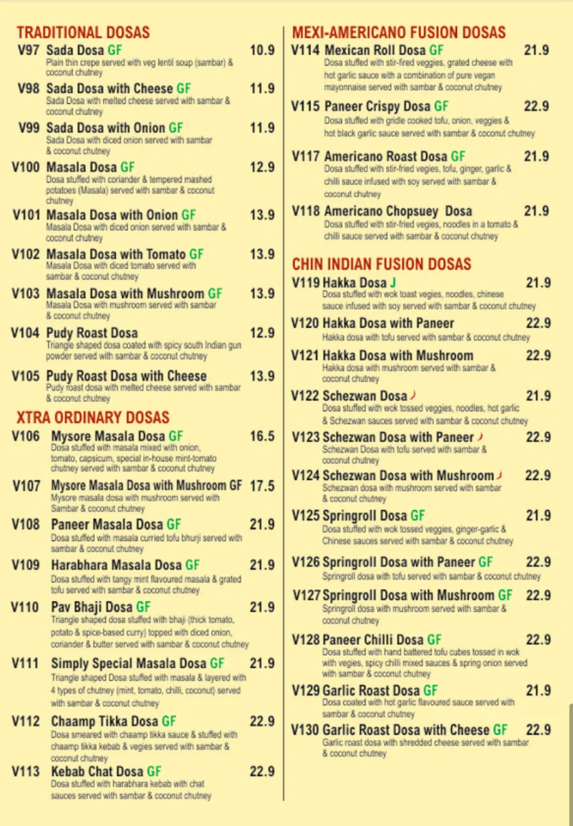 Menu, Dosa Club