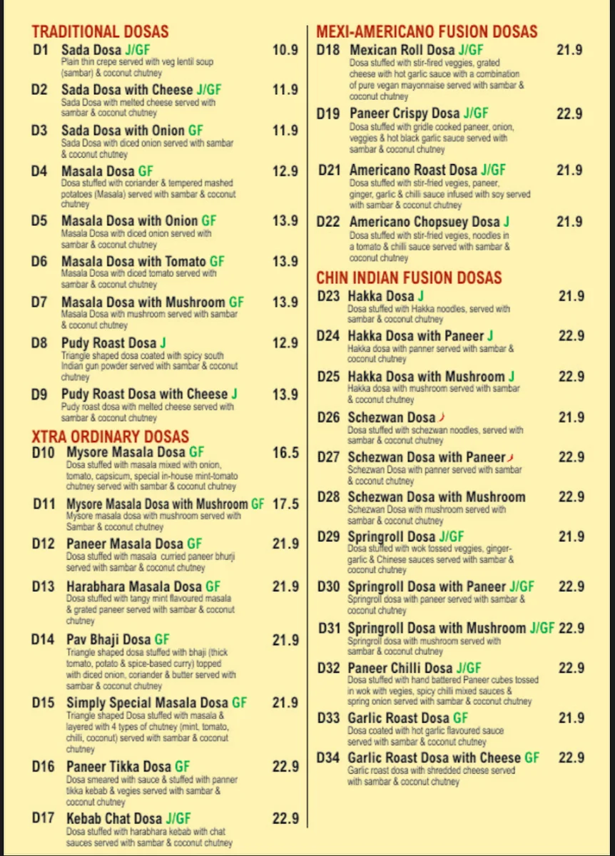 Menu, Dosa Club