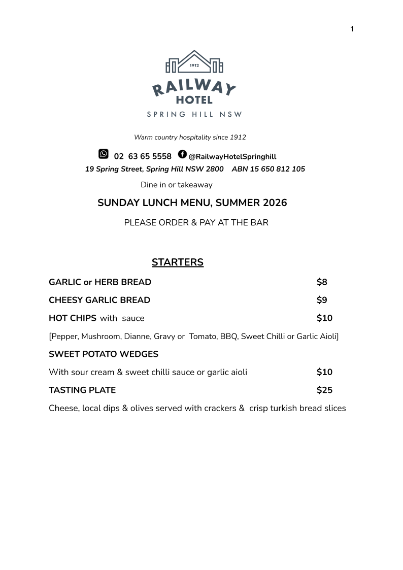 Menu, Railway Hotel Spring Hill - Pub & Accommodation