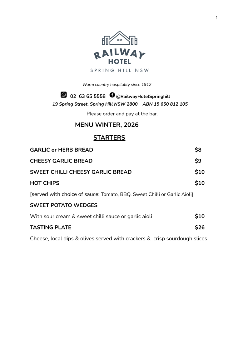 Menu, Railway Hotel Spring Hill - Pub & Accommodation