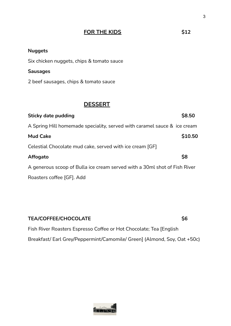 Menu, Railway Hotel Spring Hill - Pub & Accommodation