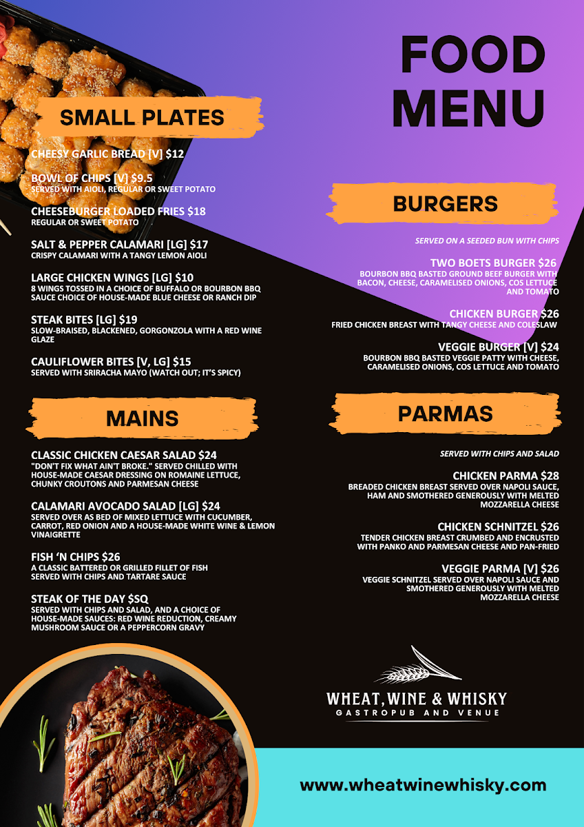 Menu, Wheat, Wine & Whisky