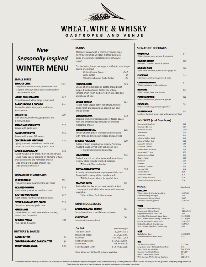 Menu, Wheat, Wine & Whisky