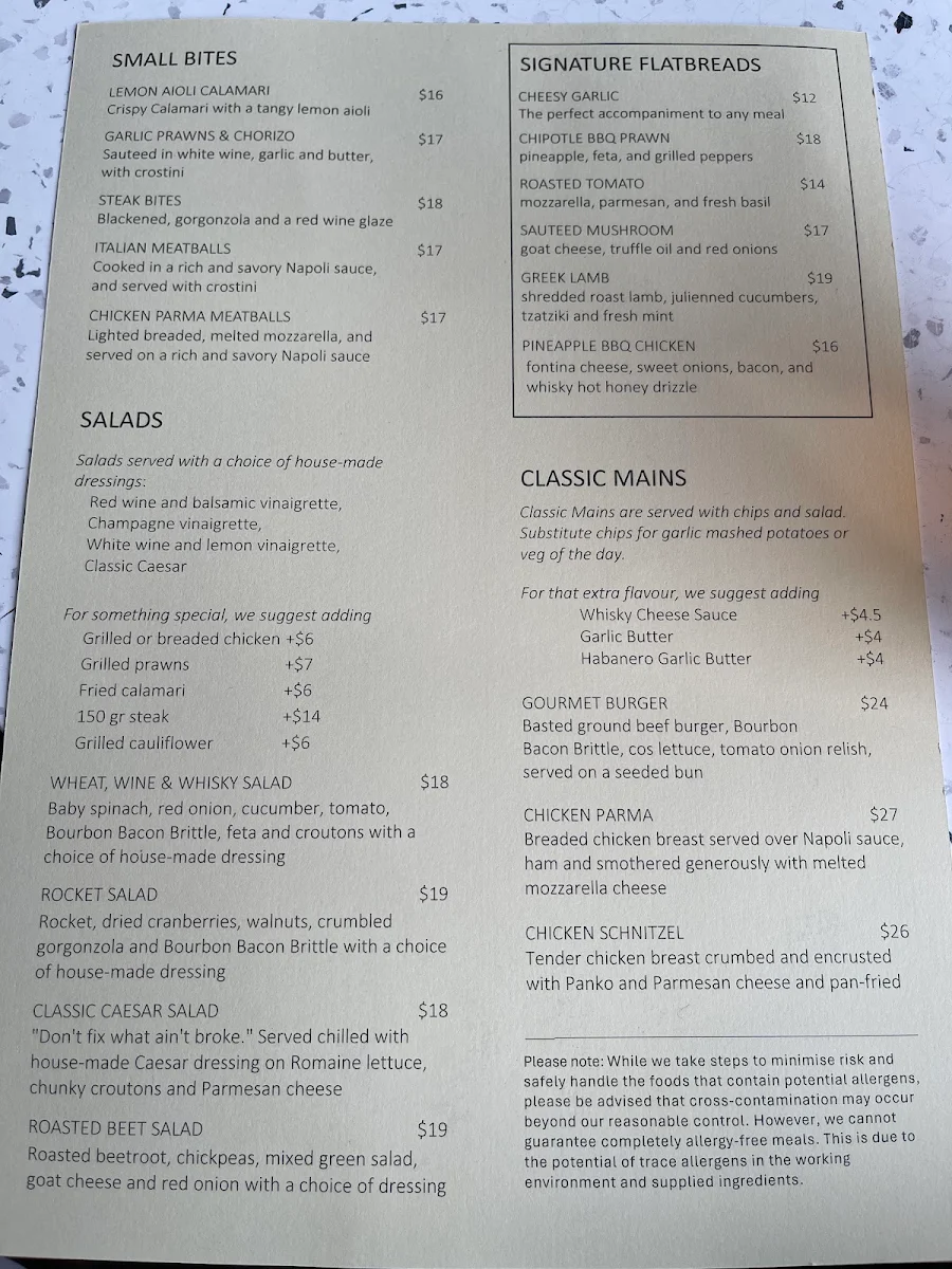 Menu, Wheat, Wine & Whisky