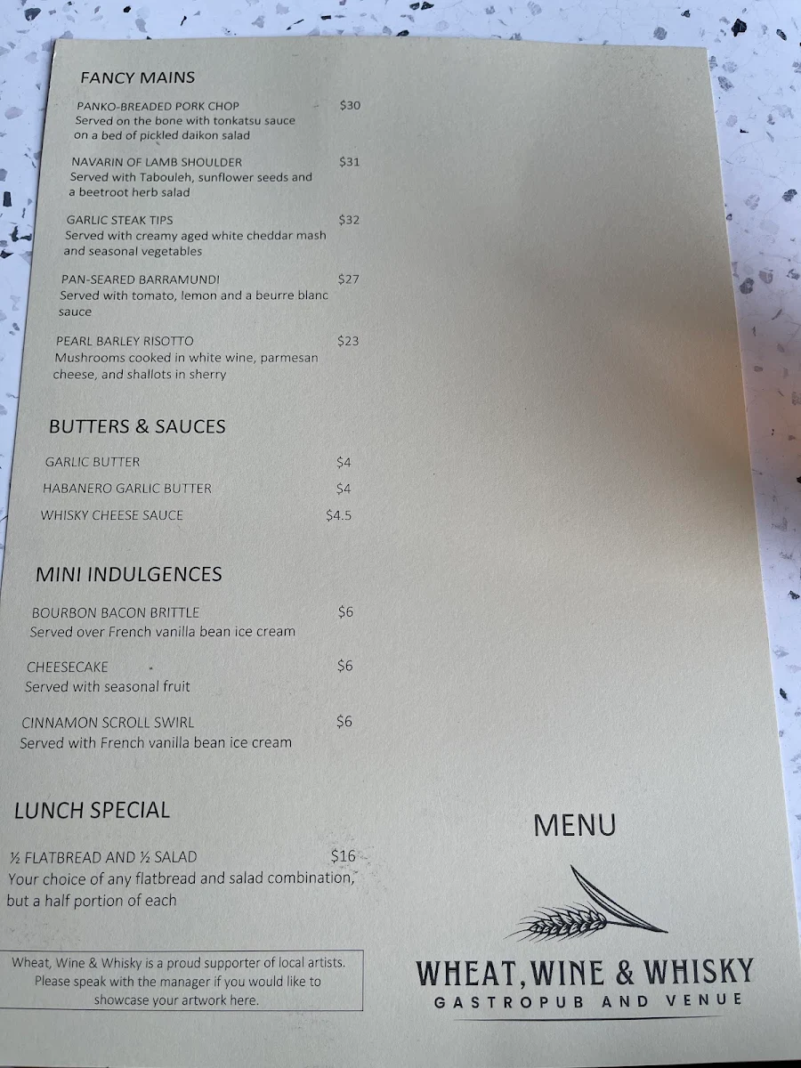 Menu, Wheat, Wine & Whisky