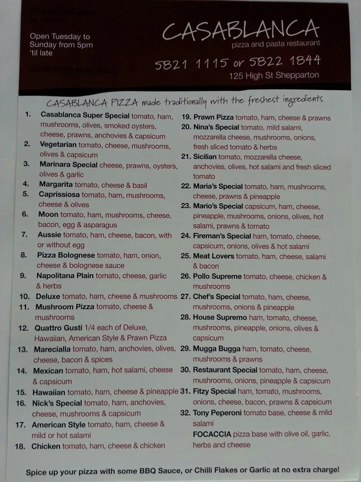 Menu, Casablanca Pizza & Pasta Restaurant