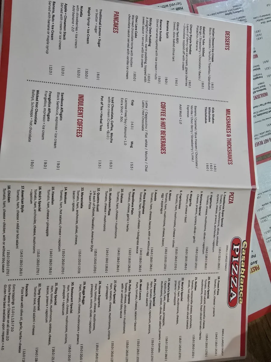 Menu, Casablanca Pizza & Pasta Restaurant