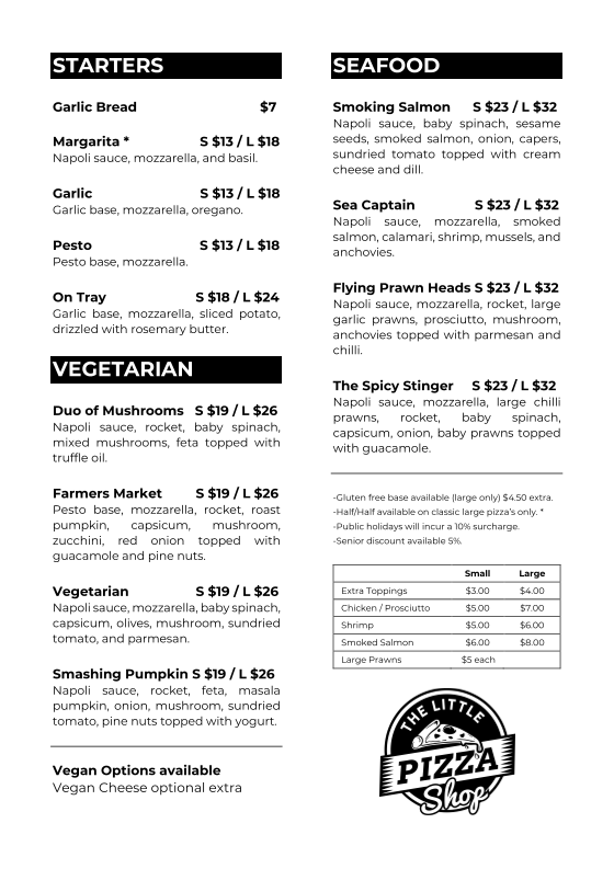 Menu, The Little Pizza Shop