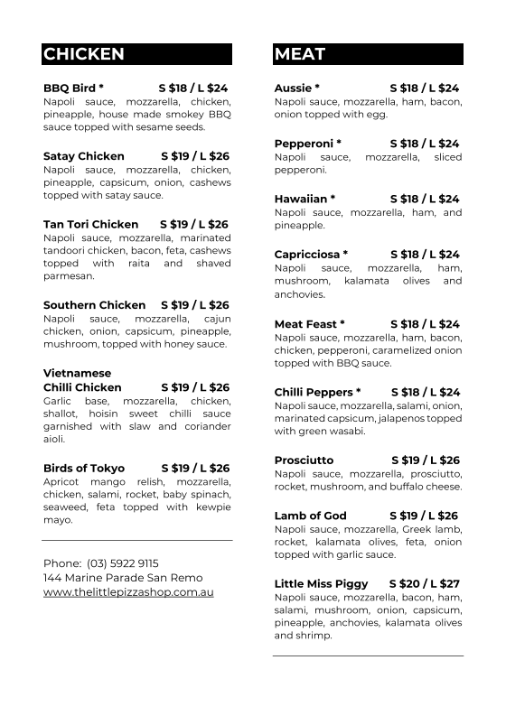 Menu, The Little Pizza Shop