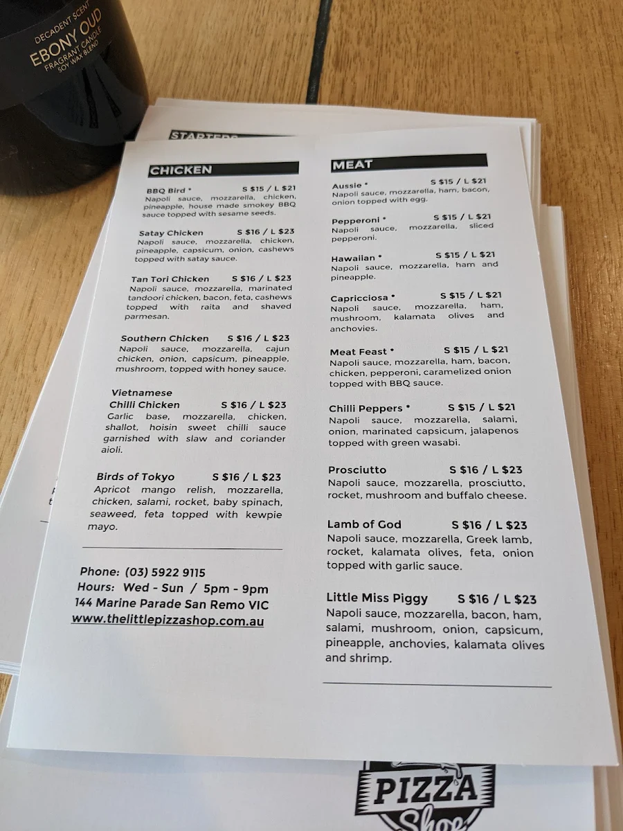 Menu, The Little Pizza Shop
