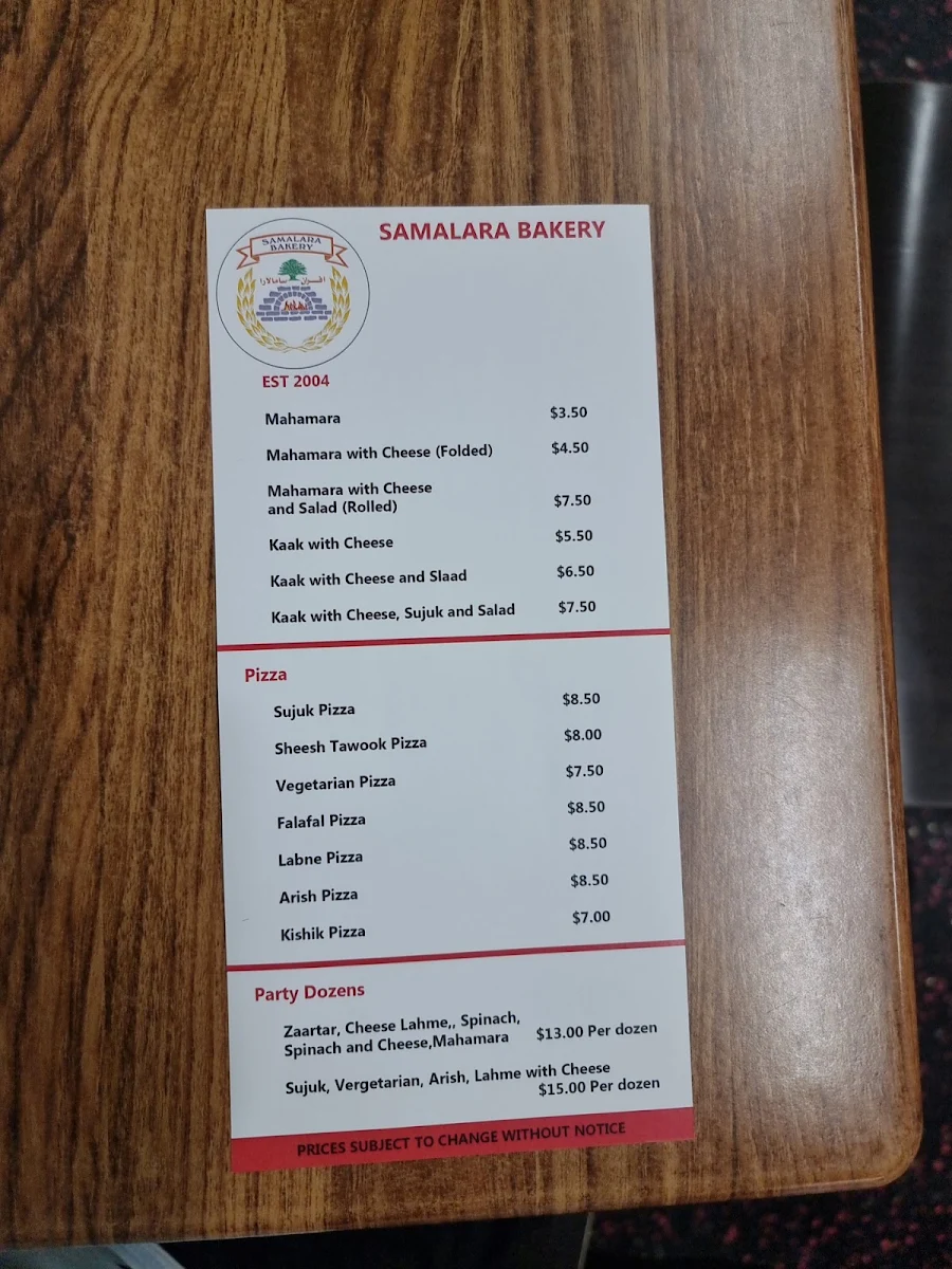 Menu, Samalara Lebanese Bakery