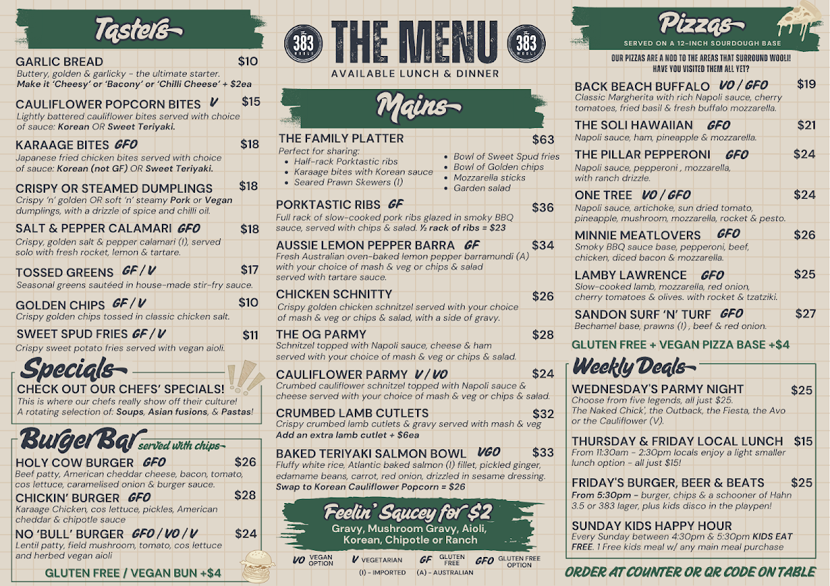Menu, THE 383 WOOLI