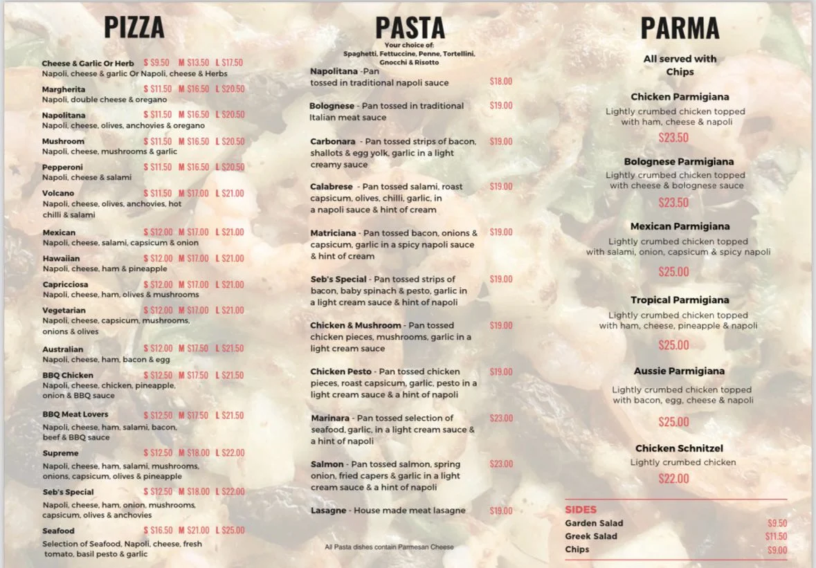 Menu, Seb's Place
