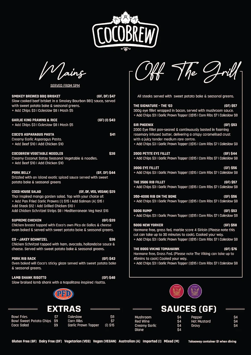 Menu, CocoBrew Rockhampton William St Restaurant