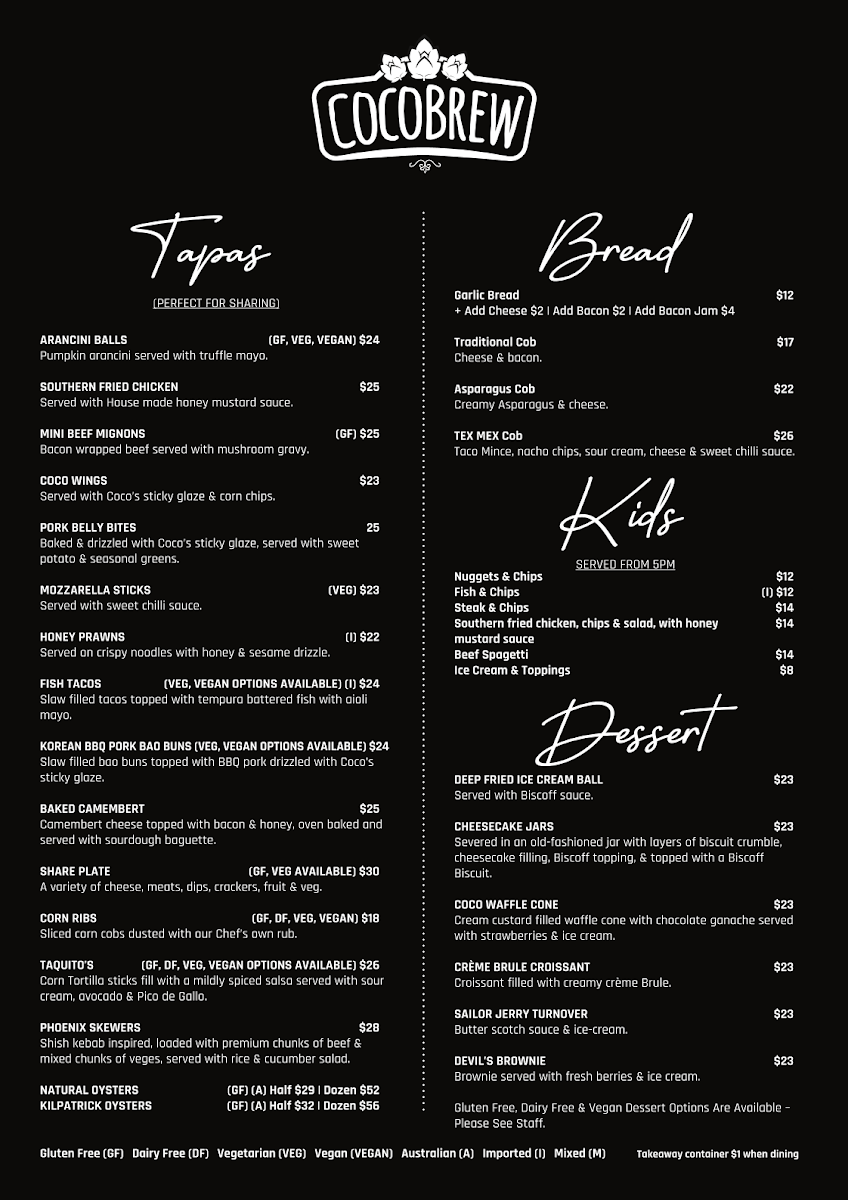 Menu, CocoBrew Rockhampton William St Restaurant