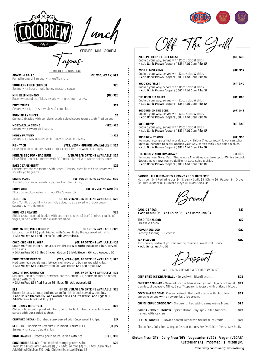 Menu, CocoBrew Rockhampton William St Restaurant