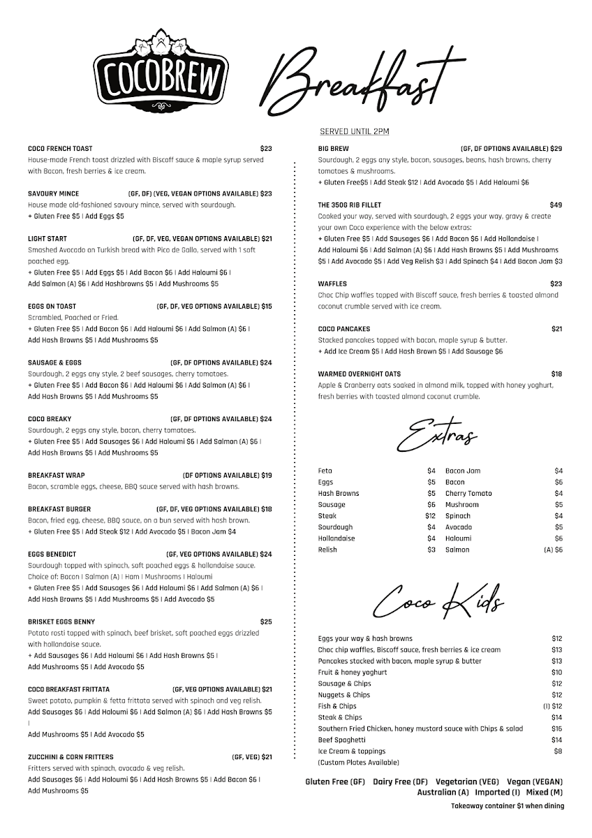 Menu, CocoBrew Rockhampton William St Restaurant