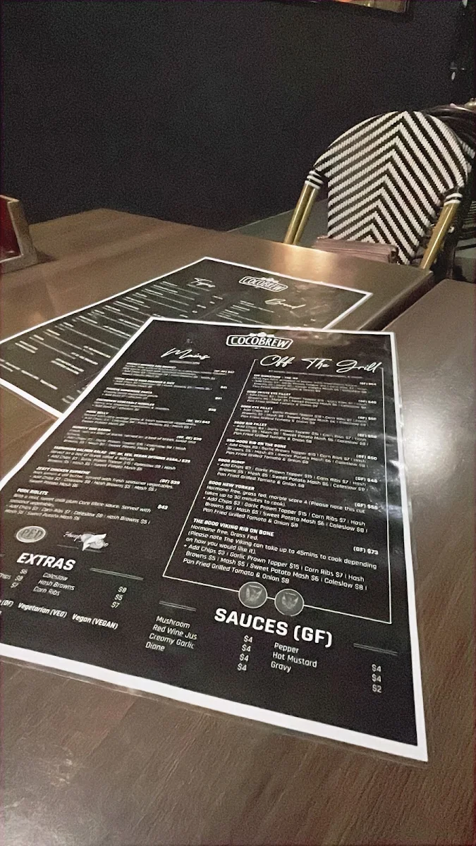 Menu, CocoBrew Rockhampton William St Restaurant