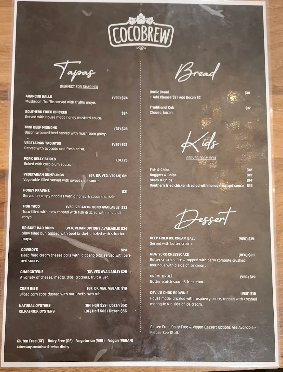 Menu, CocoBrew Rockhampton William St Restaurant