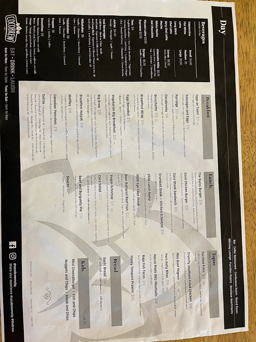 Menu, CocoBrew Rockhampton William St Restaurant