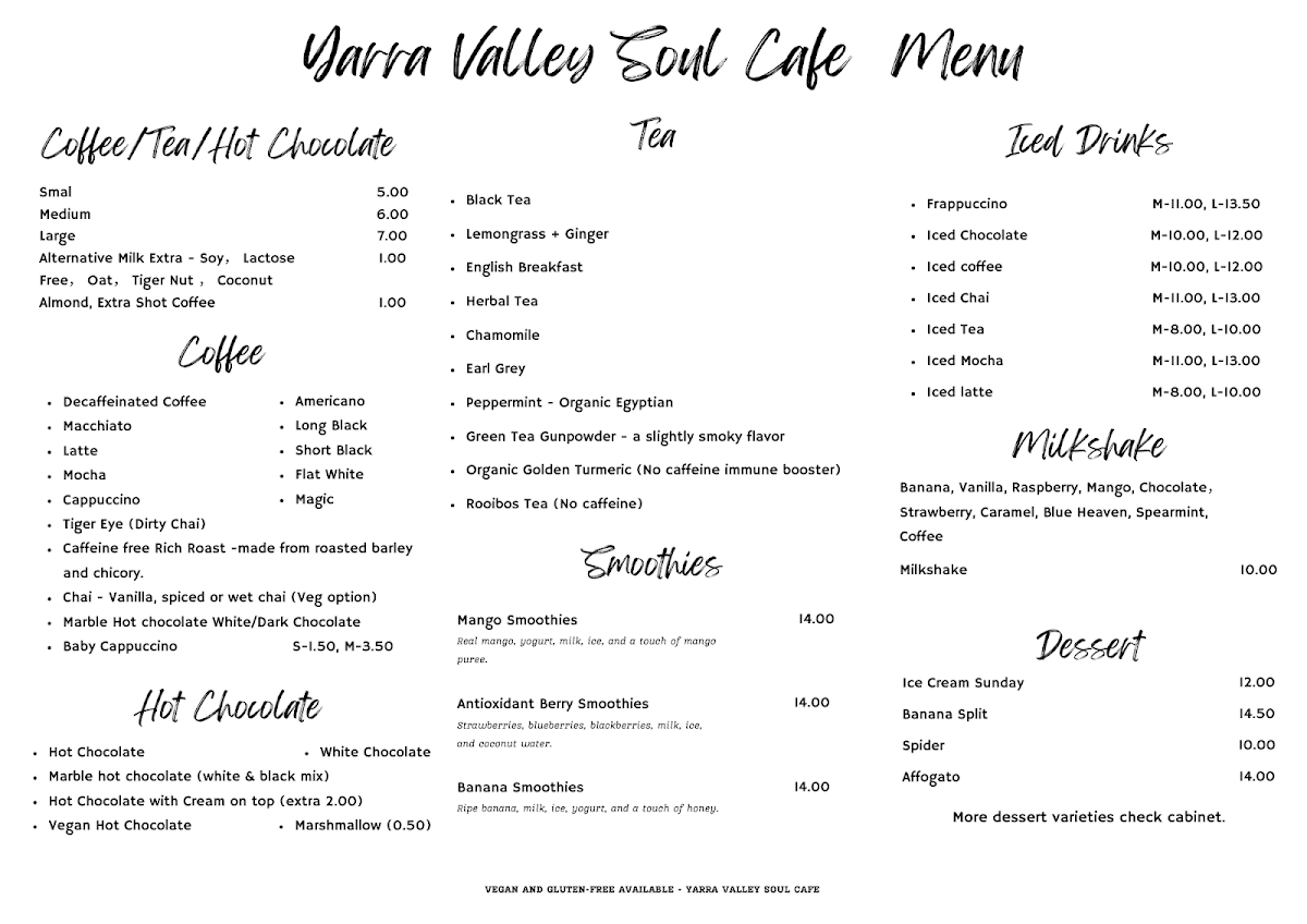 Menu, Yarra Valley Soul Cafe