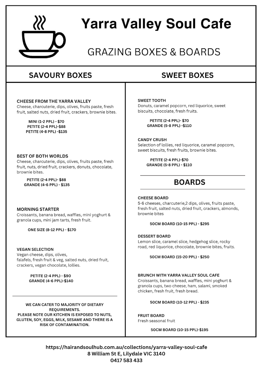 Menu, Yarra Valley Soul Cafe