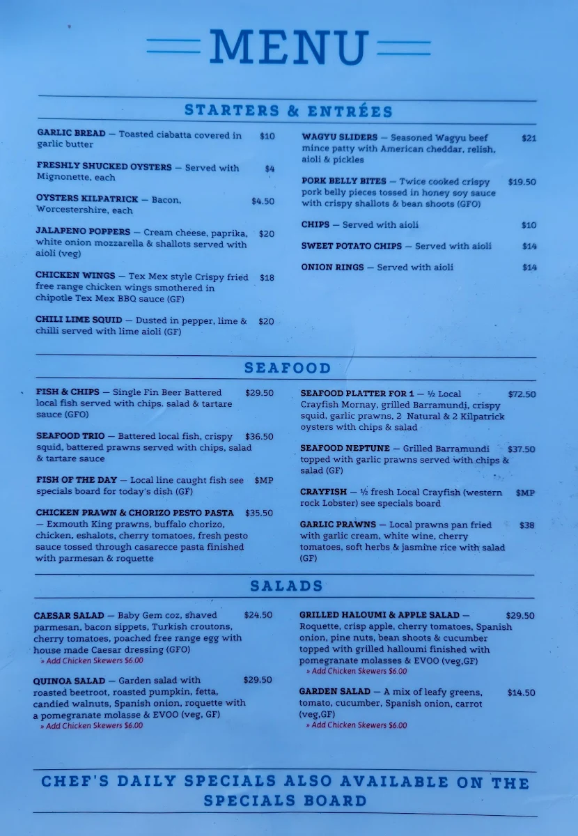 Menu, Jurien Bay Hotel- (Sportsbar, Restaurant, TAB & Motel)