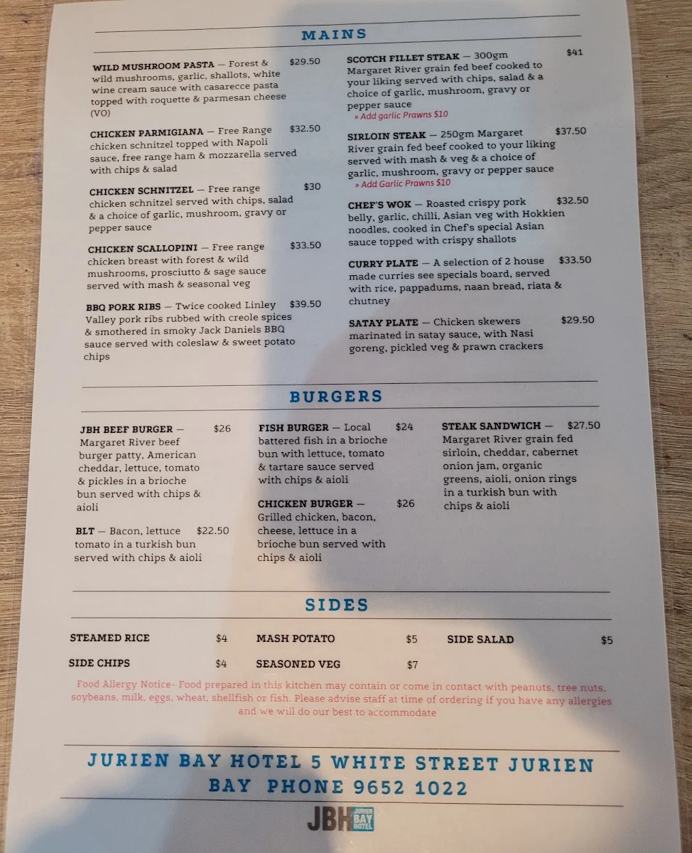 Menu, Jurien Bay Hotel- (Sportsbar, Restaurant, TAB & Motel)